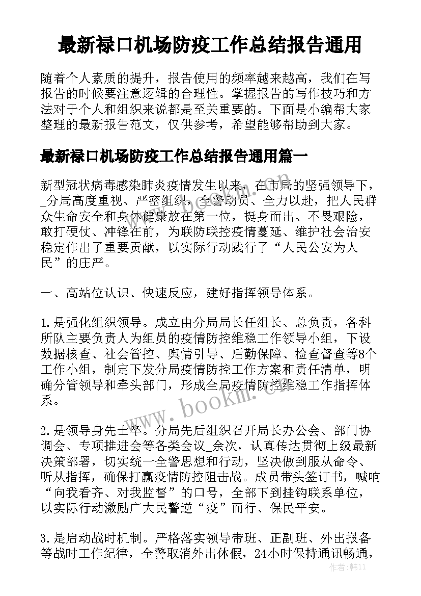 最新禄口机场防疫工作总结报告通用