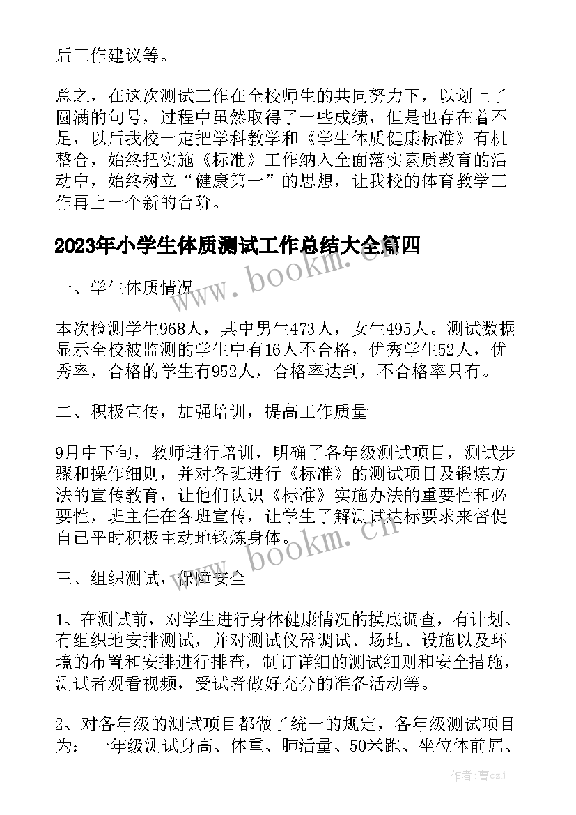 2023年小学生体质测试工作总结大全