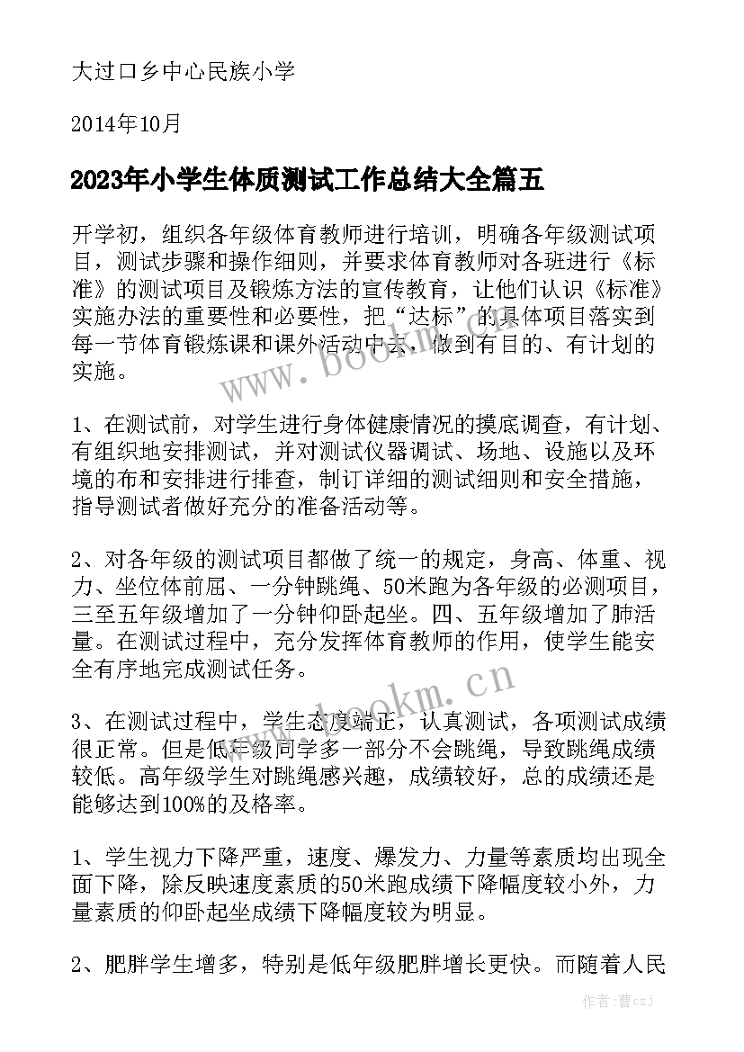 2023年小学生体质测试工作总结大全