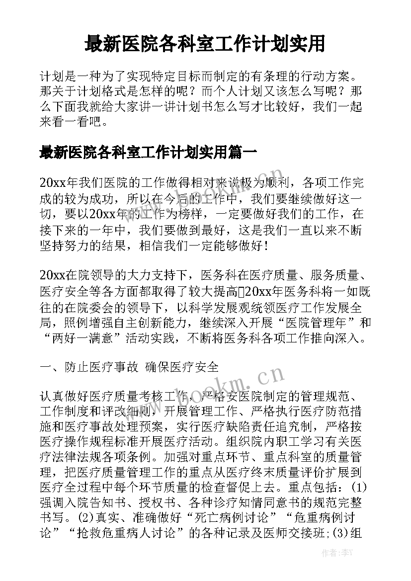 最新医院各科室工作计划实用