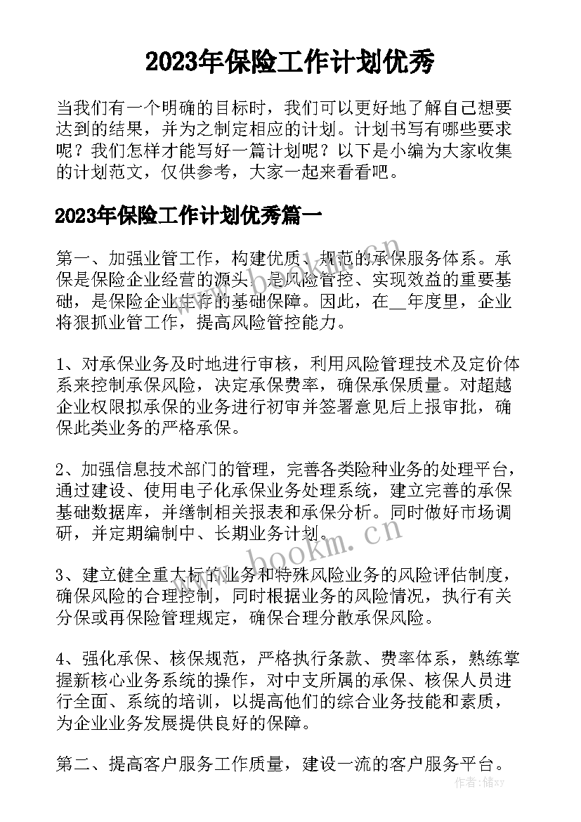 2023年保险工作计划优秀