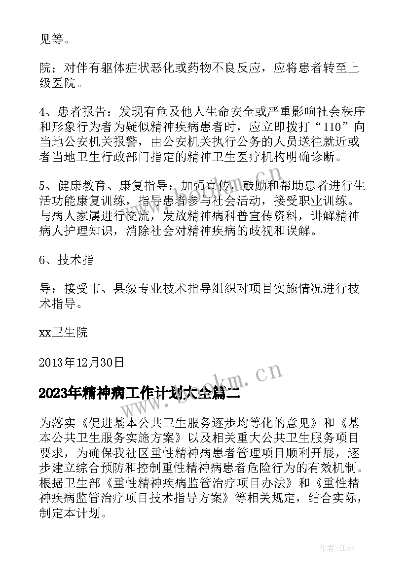 2023年精神病工作计划大全