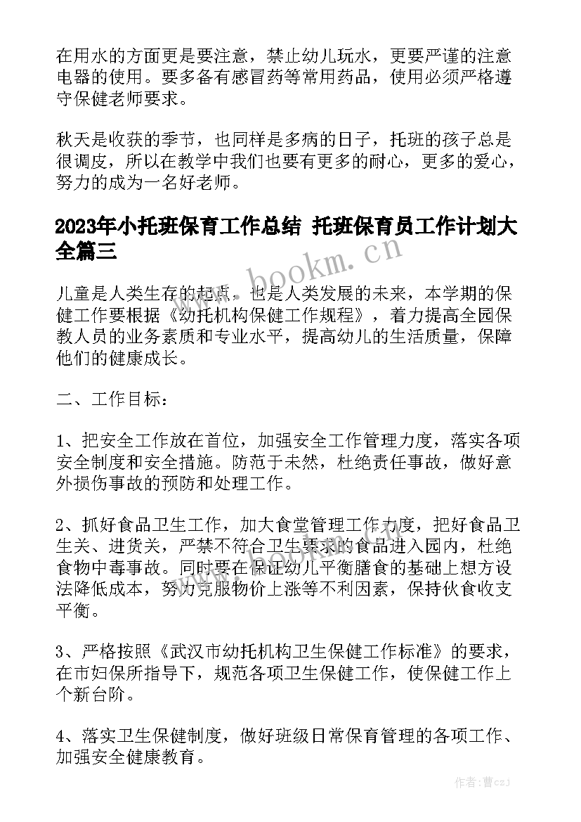 2023年小托班保育工作总结 托班保育员工作计划大全