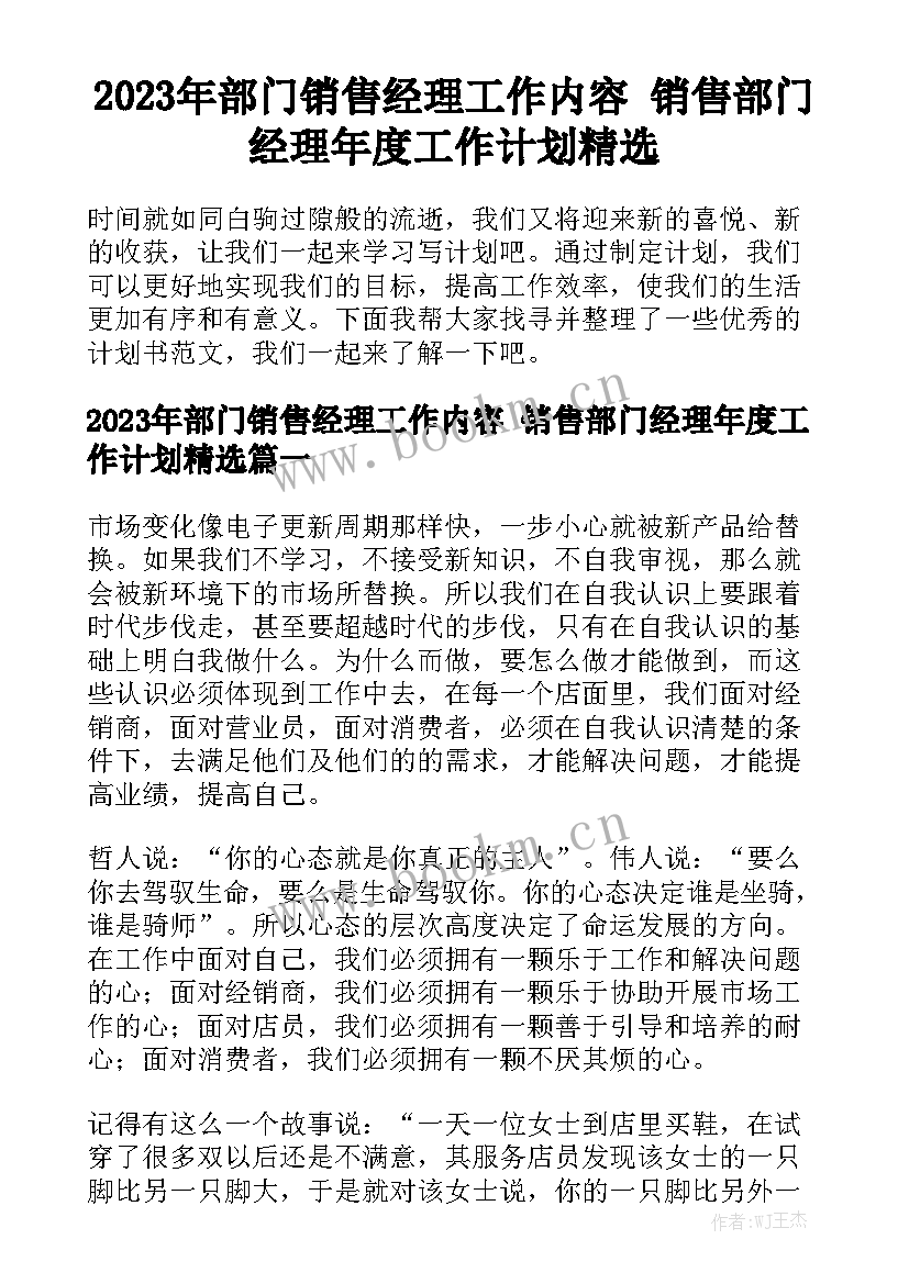 2023年部门销售经理工作内容 销售部门经理年度工作计划精选