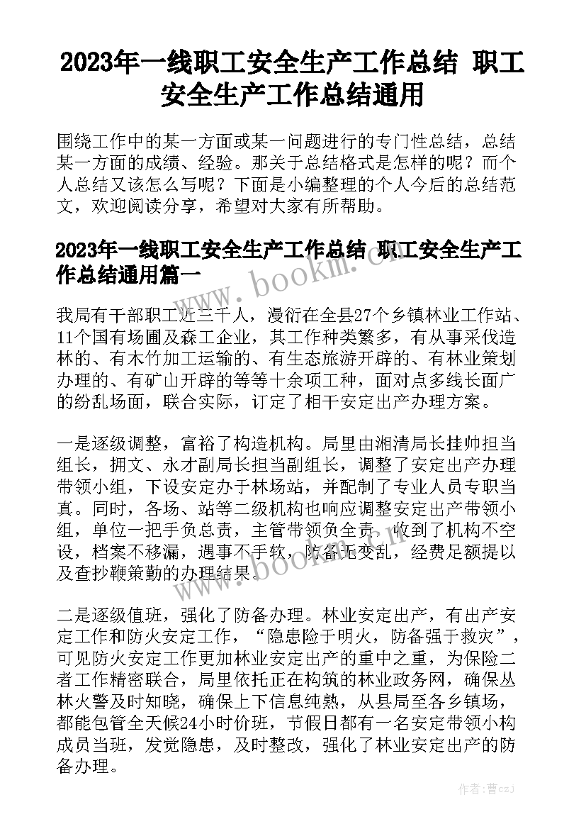 2023年一线职工安全生产工作总结 职工安全生产工作总结通用