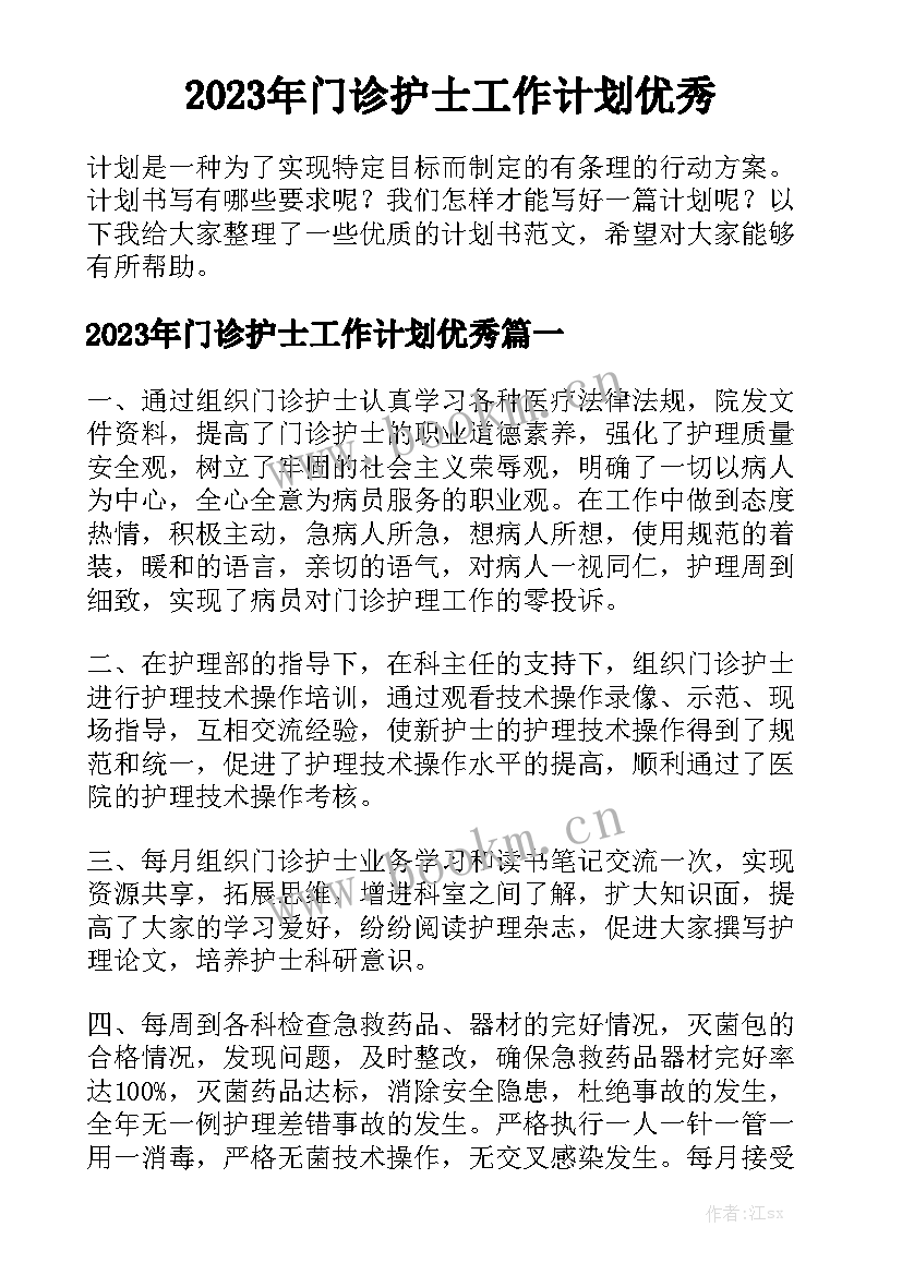 2023年门诊护士工作计划优秀