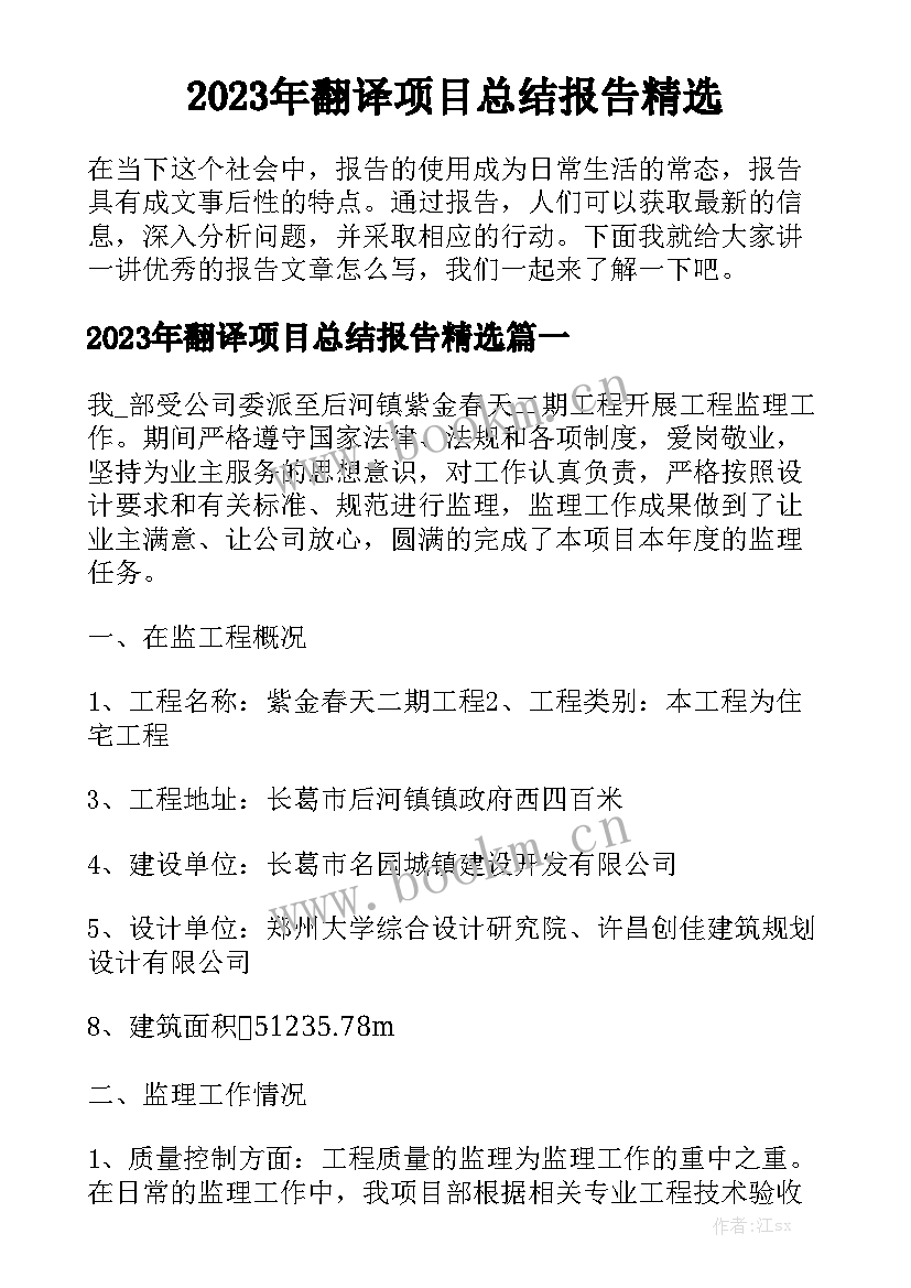 2023年翻译项目总结报告精选