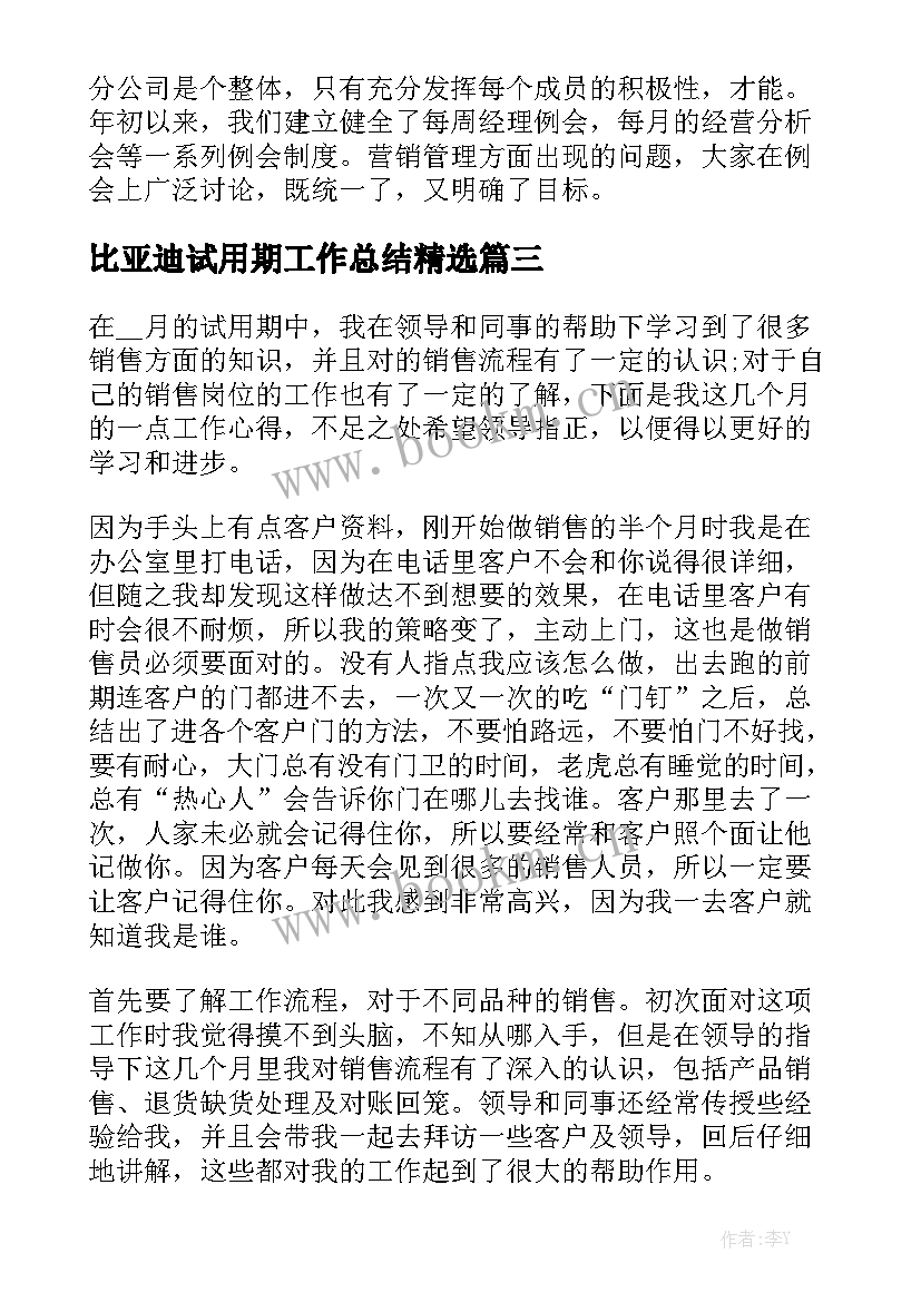 比亚迪试用期工作总结精选