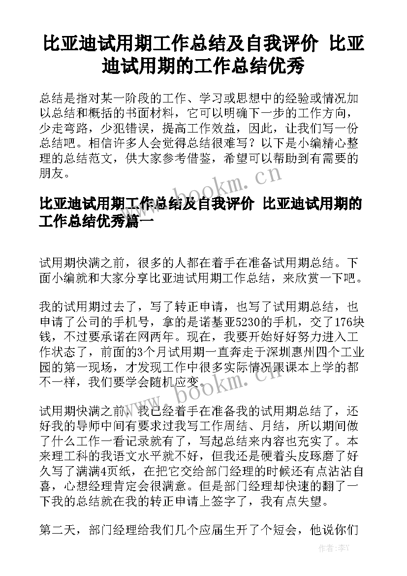 比亚迪试用期工作总结及自我评价 比亚迪试用期的工作总结优秀