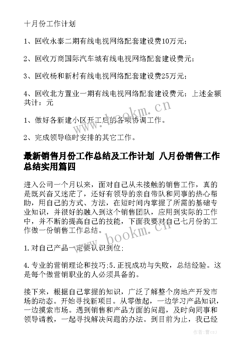 最新销售月份工作总结及工作计划 八月份销售工作总结实用