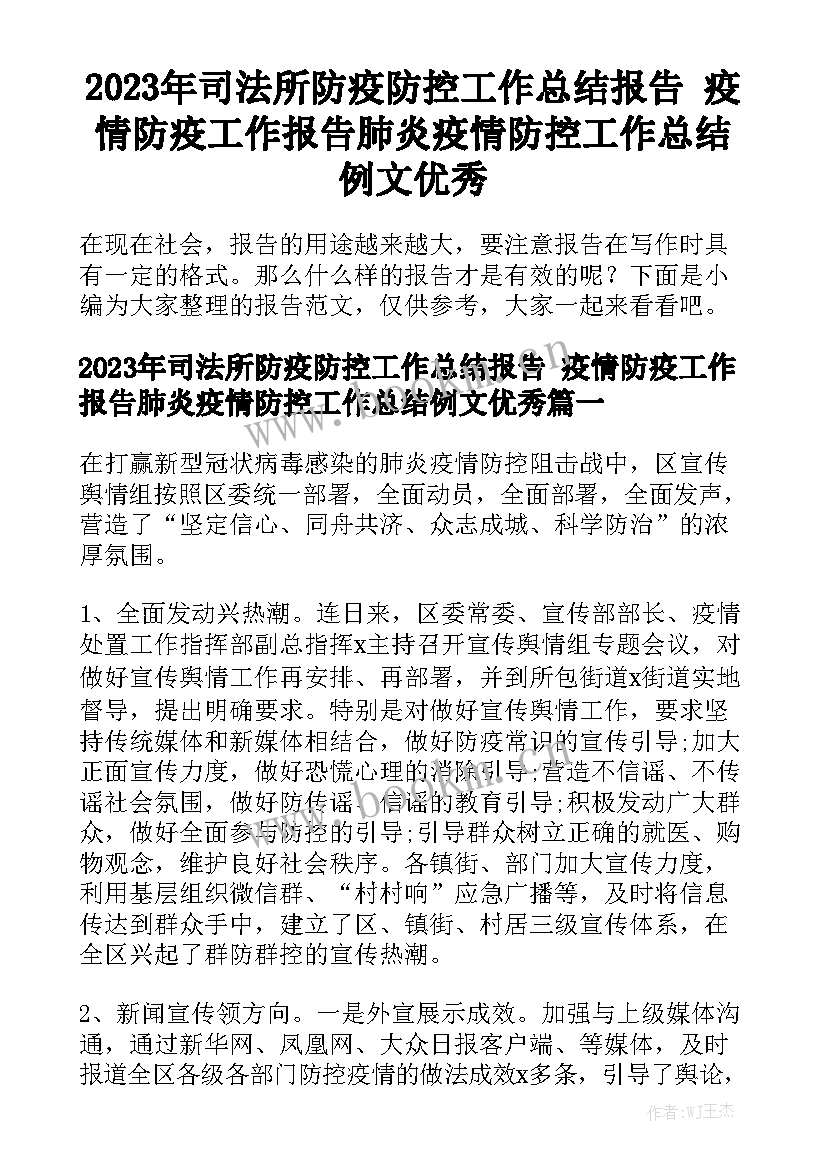 2023年司法所防疫防控工作总结报告 疫情防疫工作报告肺炎疫情防控工作总结例文优秀