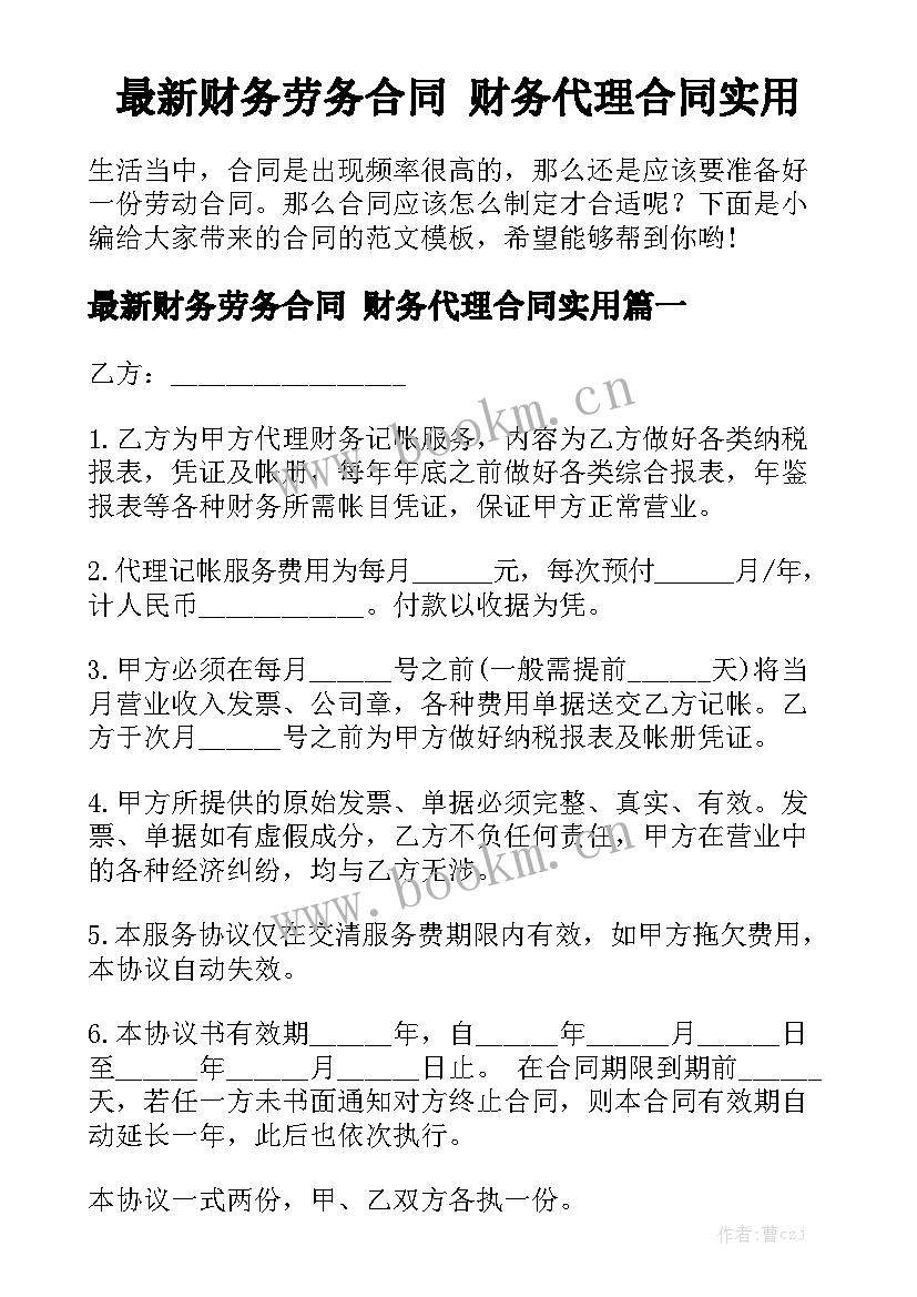 最新财务劳务合同 财务代理合同实用