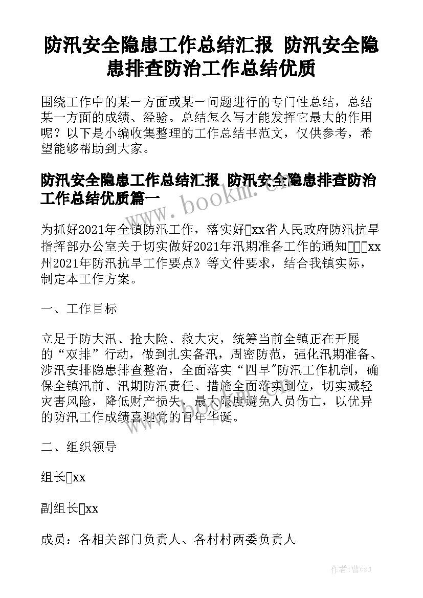 防汛安全隐患工作总结汇报 防汛安全隐患排查防治工作总结优质