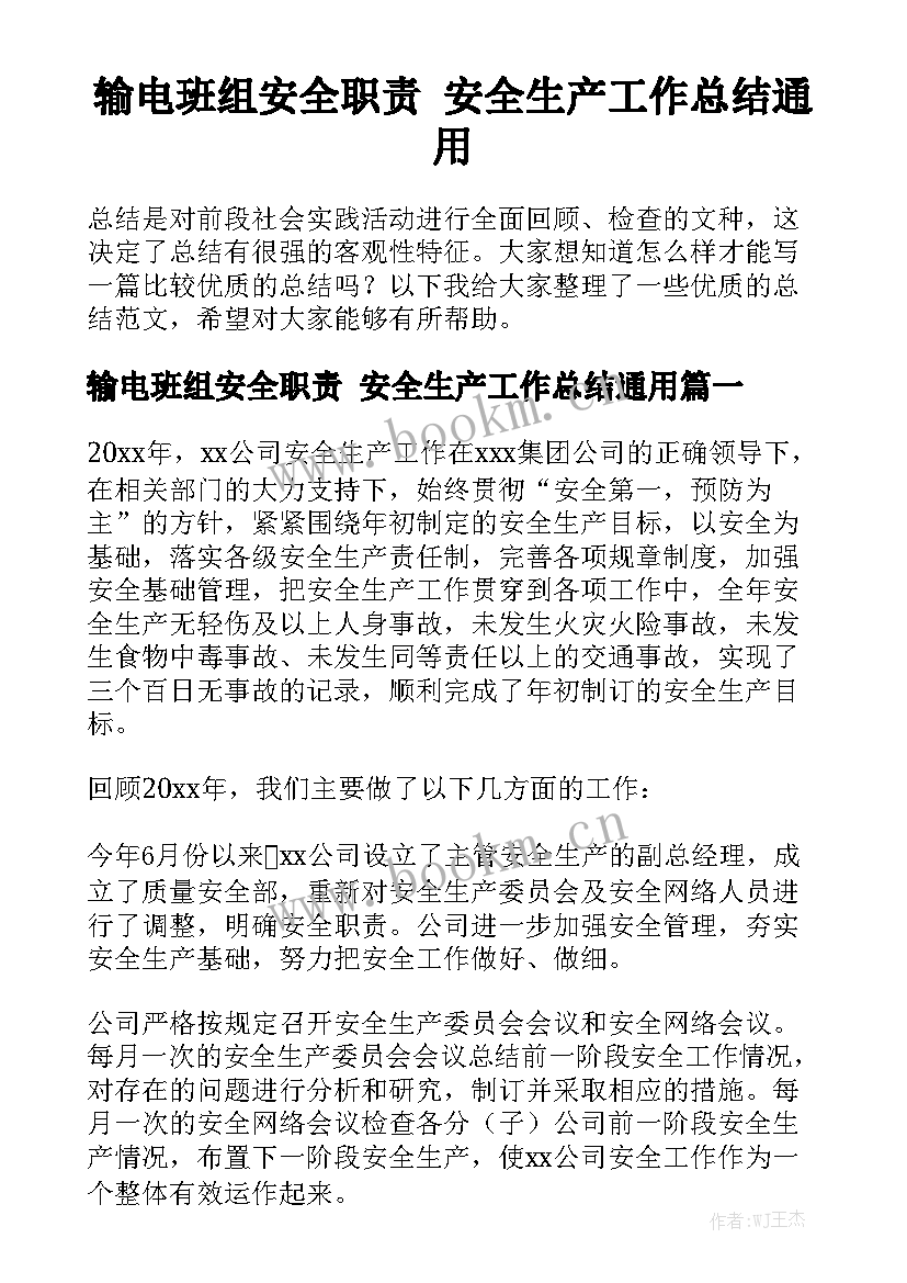 输电班组安全职责 安全生产工作总结通用