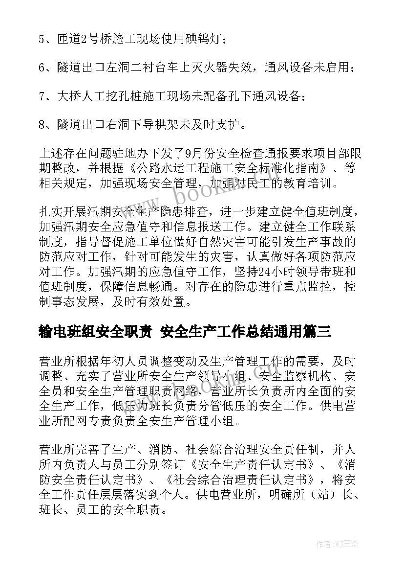 输电班组安全职责 安全生产工作总结通用