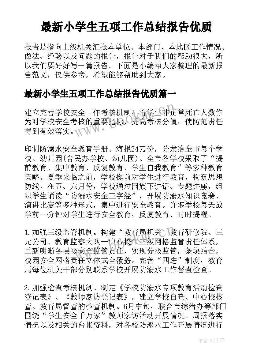 最新小学生五项工作总结报告优质