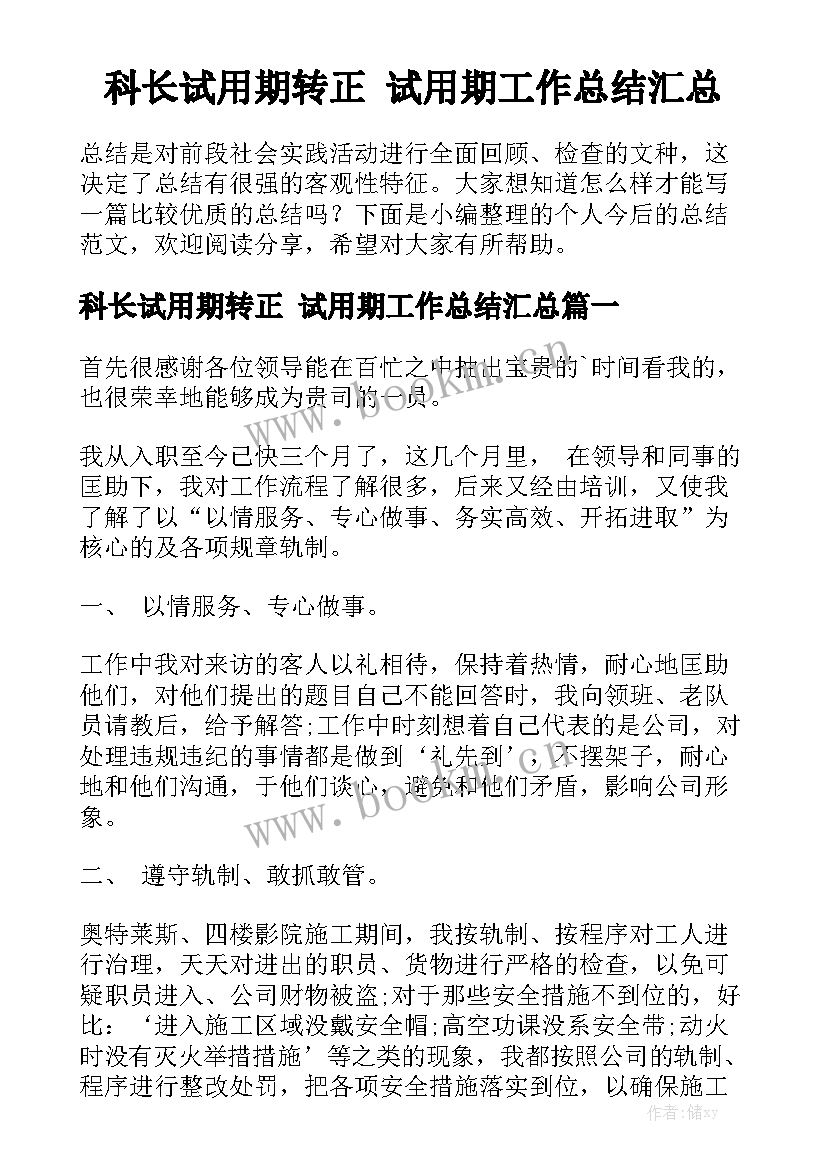 科长试用期转正 试用期工作总结汇总