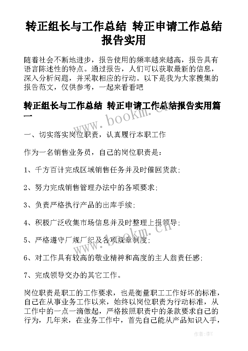 转正组长与工作总结 转正申请工作总结报告实用