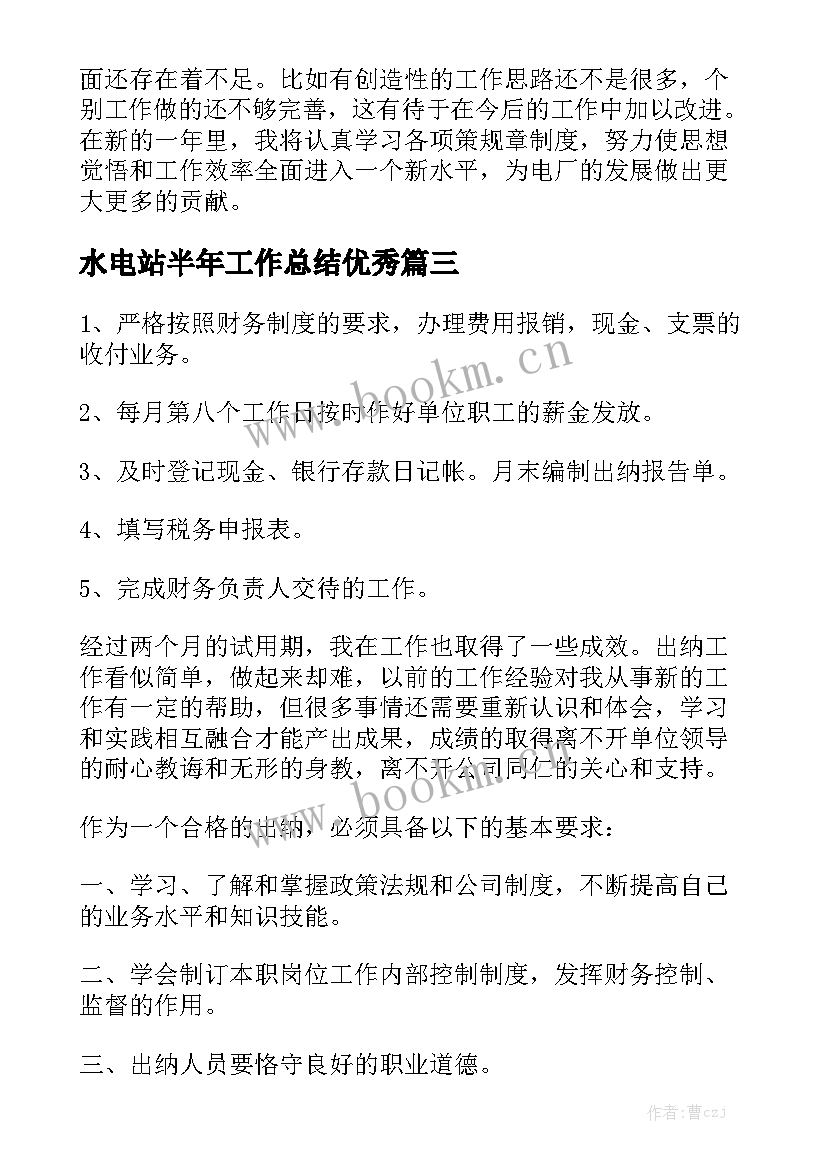 水电站半年工作总结优秀