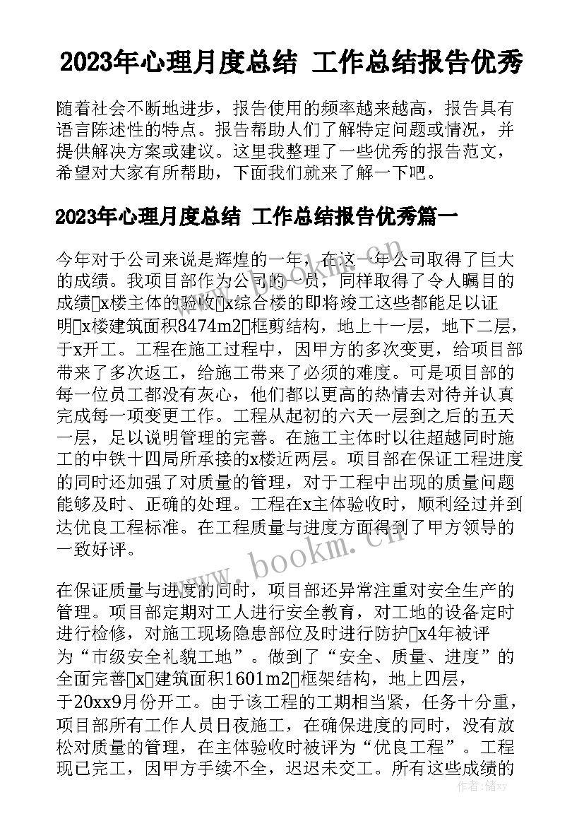 2023年心理月度总结 工作总结报告优秀