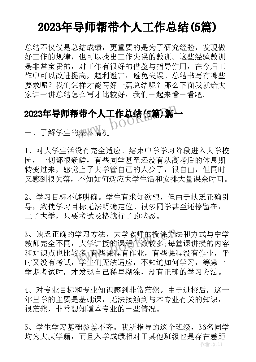 2023年导师帮带个人工作总结(5篇)