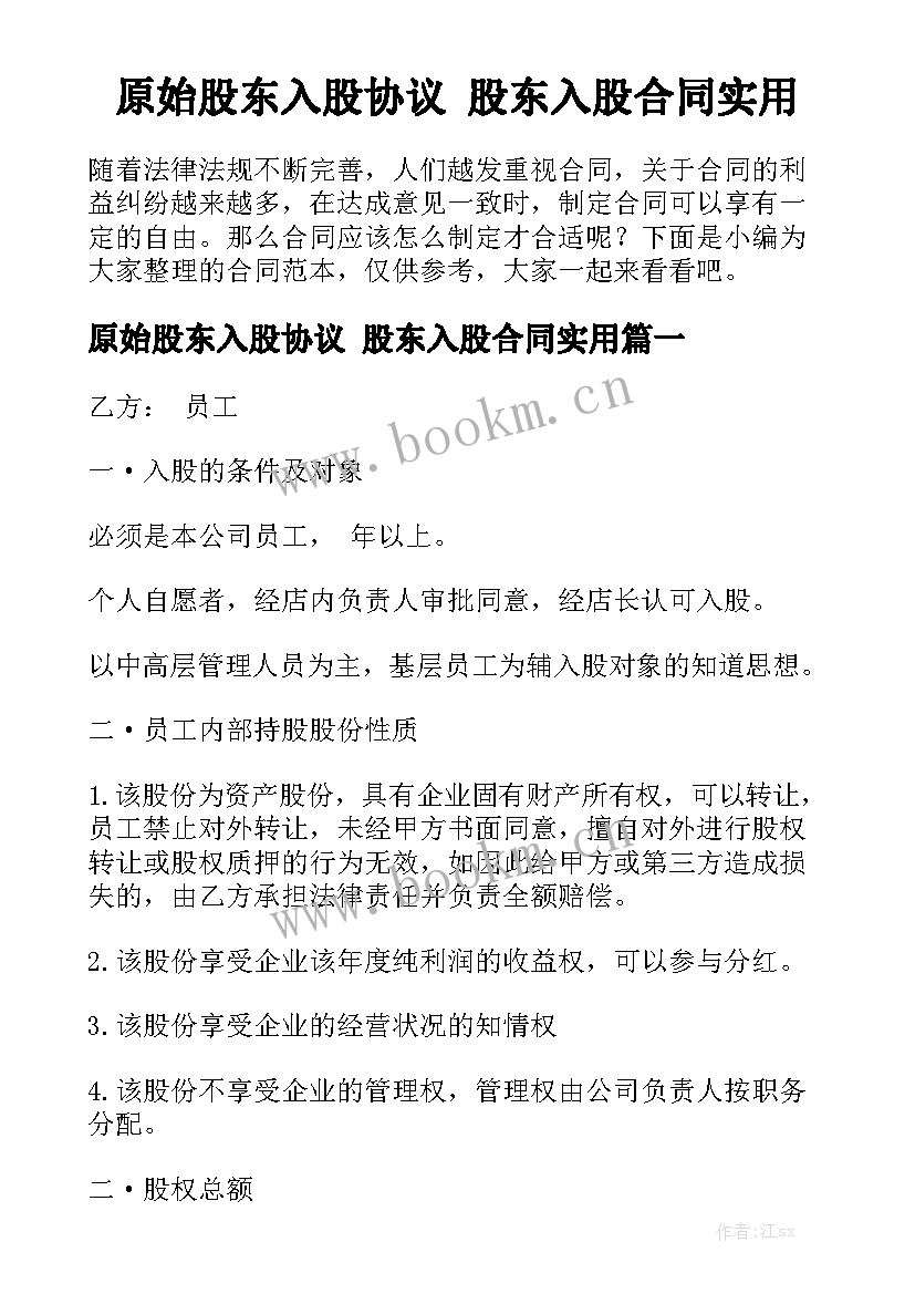 原始股东入股协议 股东入股合同实用