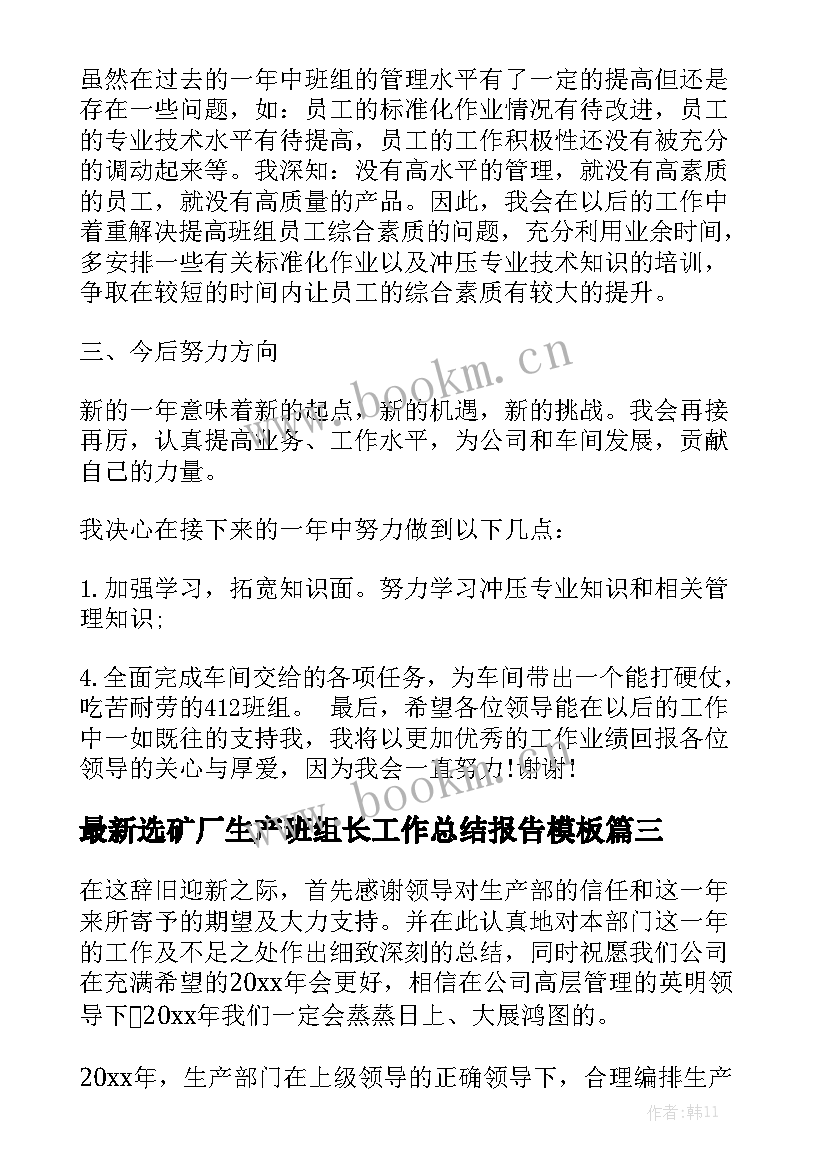 最新选矿厂生产班组长工作总结报告模板