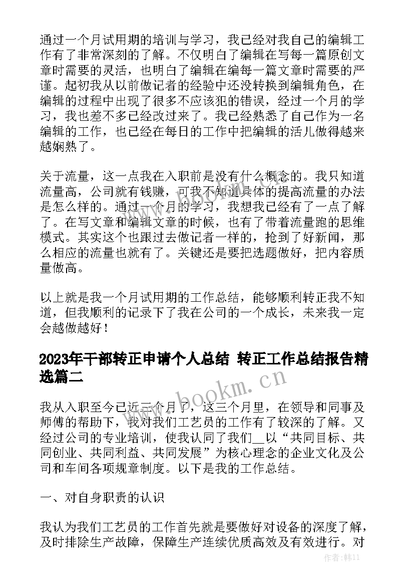 2023年干部转正申请个人总结 转正工作总结报告精选