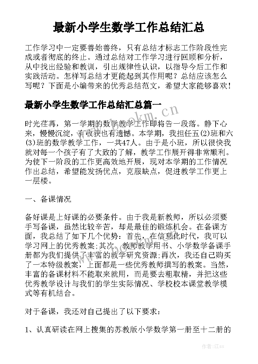 最新小学生数学工作总结汇总