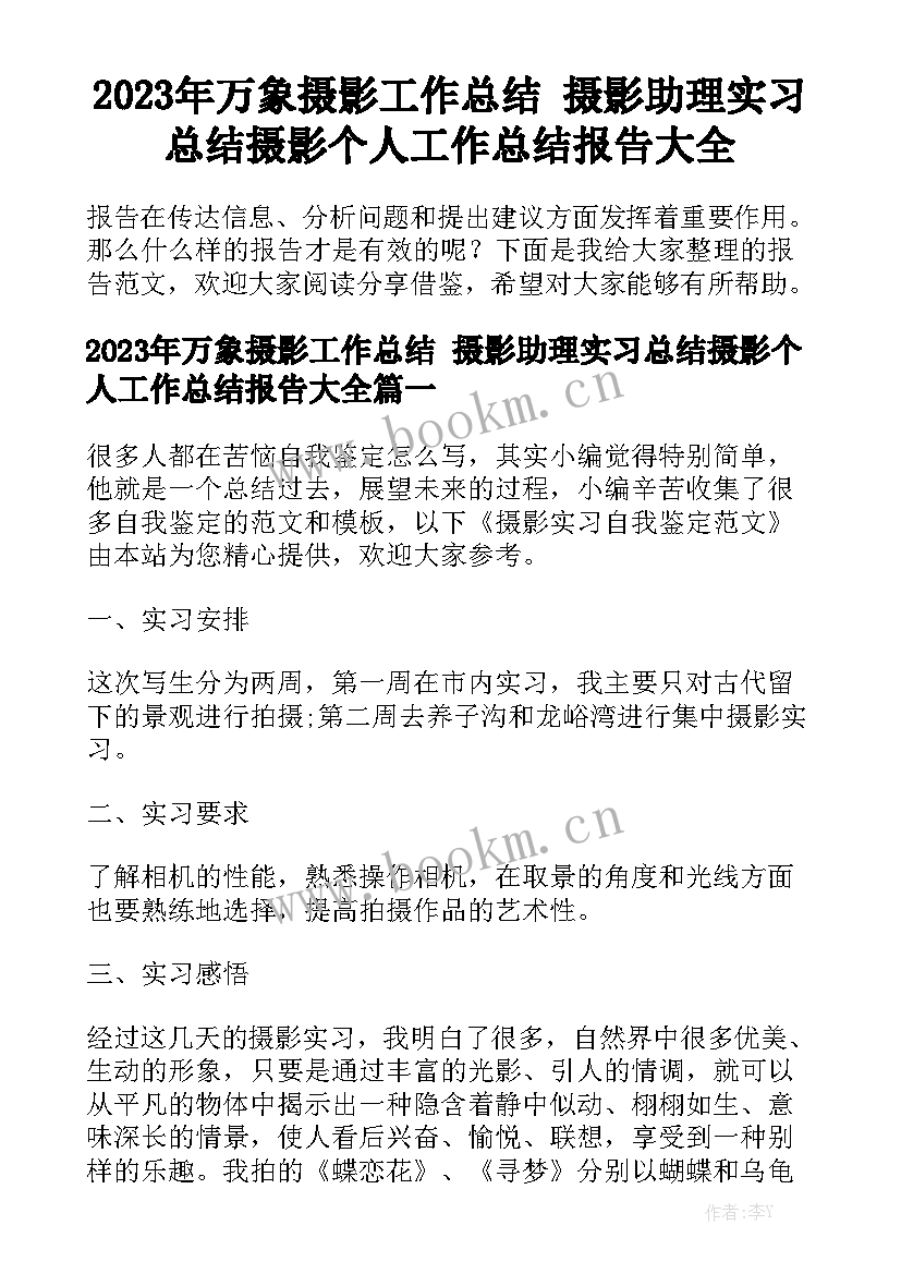 2023年万象摄影工作总结 摄影助理实习总结摄影个人工作总结报告大全