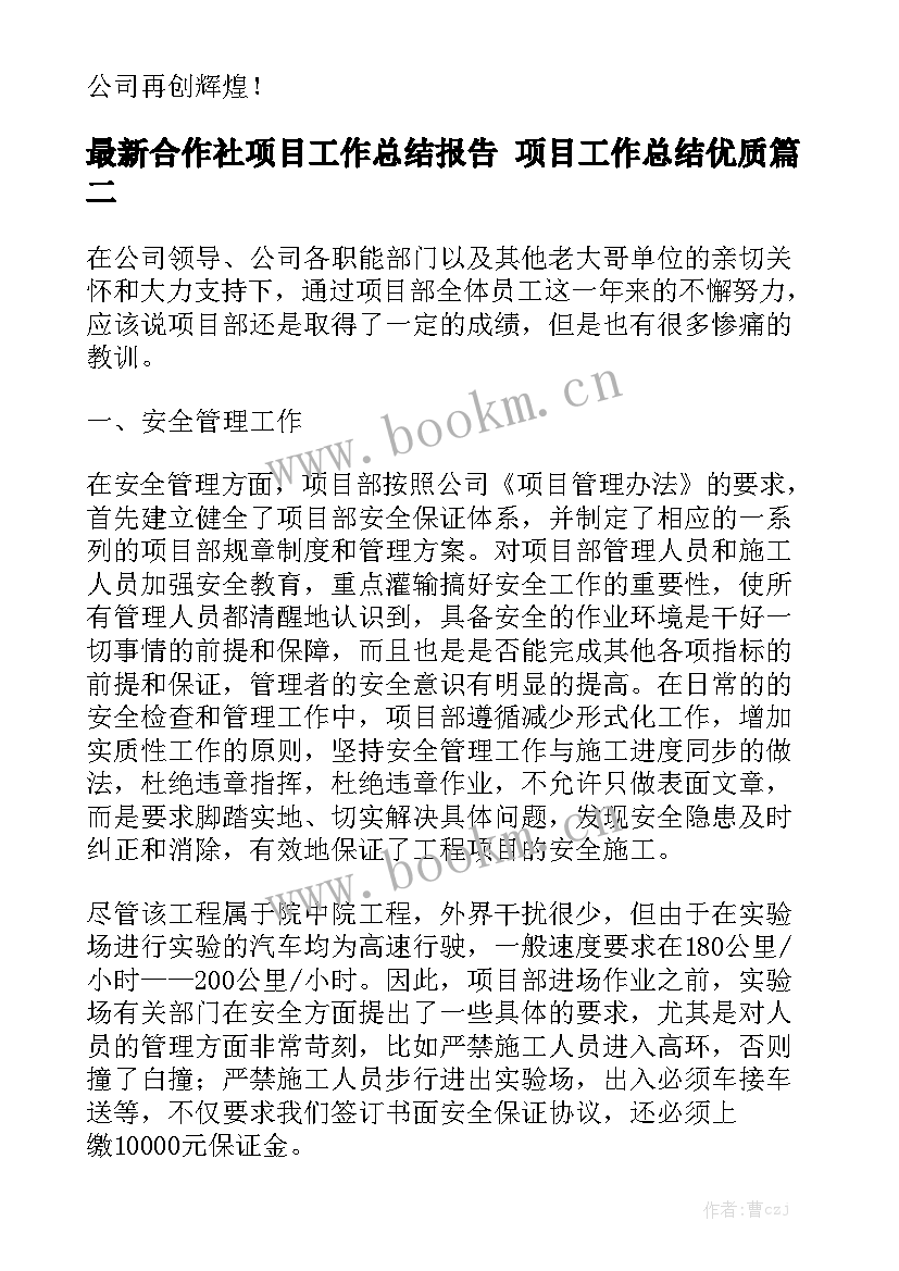 最新合作社项目工作总结报告 项目工作总结优质