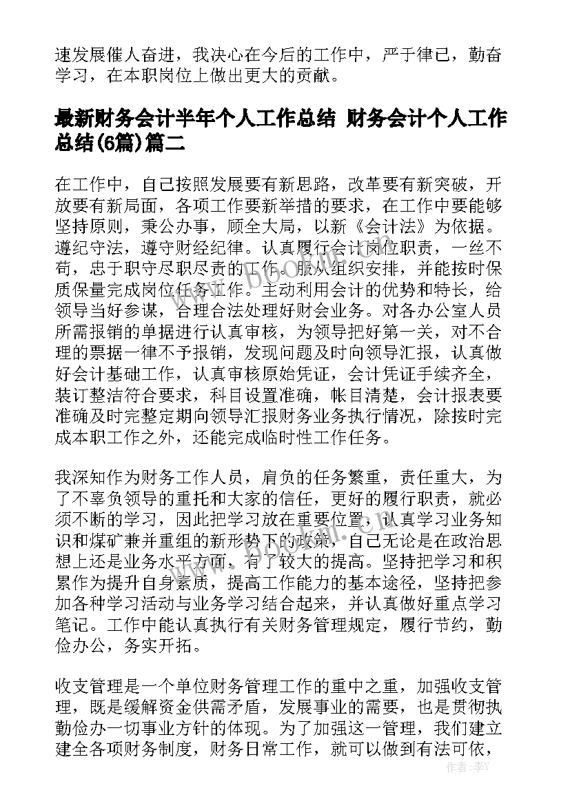 最新财务会计半年个人工作总结 财务会计个人工作总结(6篇)