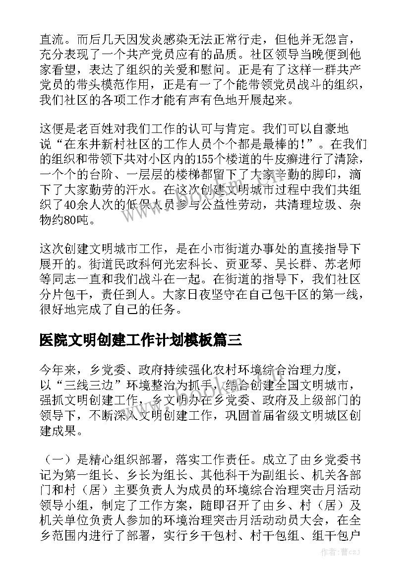 医院文明创建工作计划模板