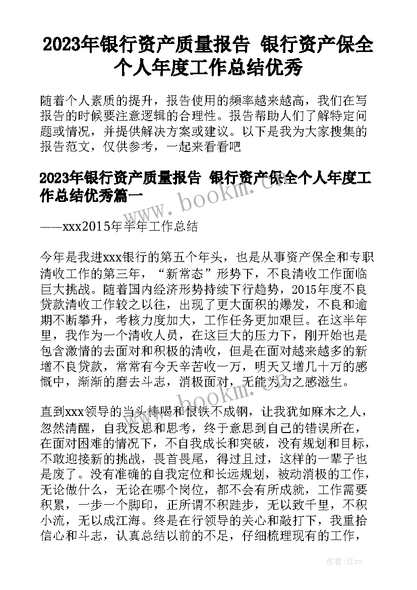 2023年银行资产质量报告 银行资产保全个人年度工作总结优秀