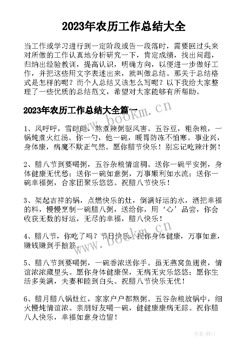 2023年农历工作总结大全