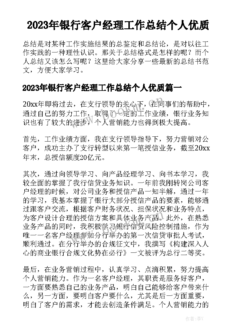 2023年银行客户经理工作总结个人优质