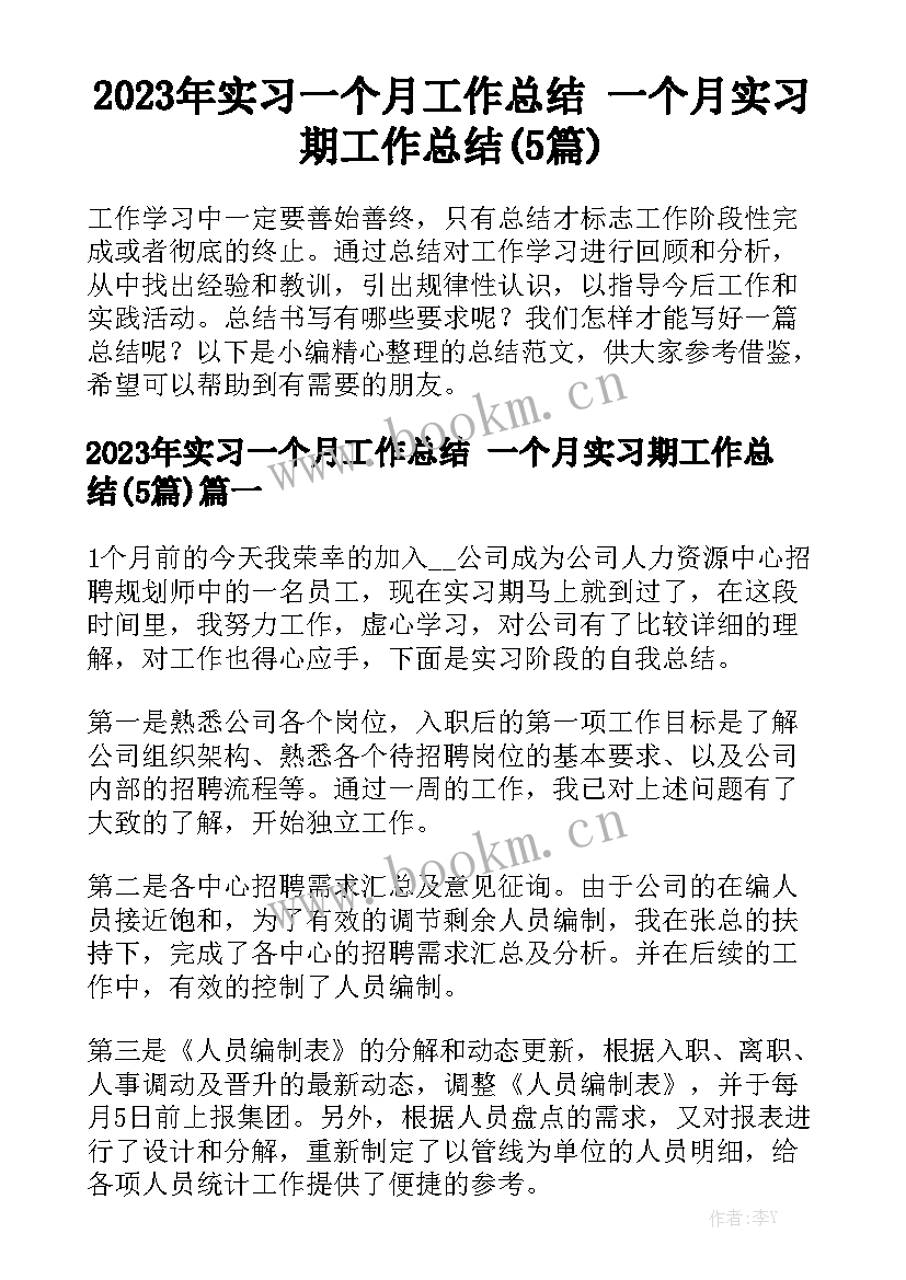 2023年实习一个月工作总结 一个月实习期工作总结(5篇)