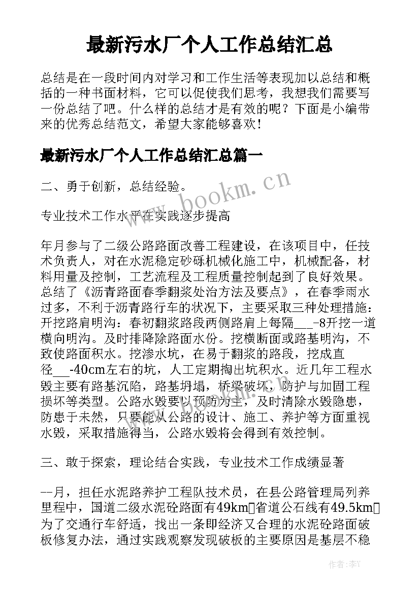 最新污水厂个人工作总结汇总