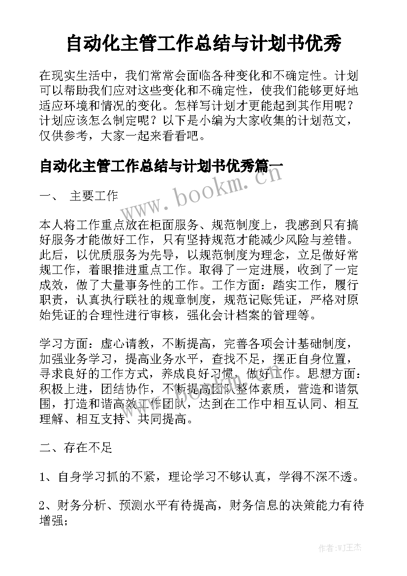 自动化主管工作总结与计划书优秀