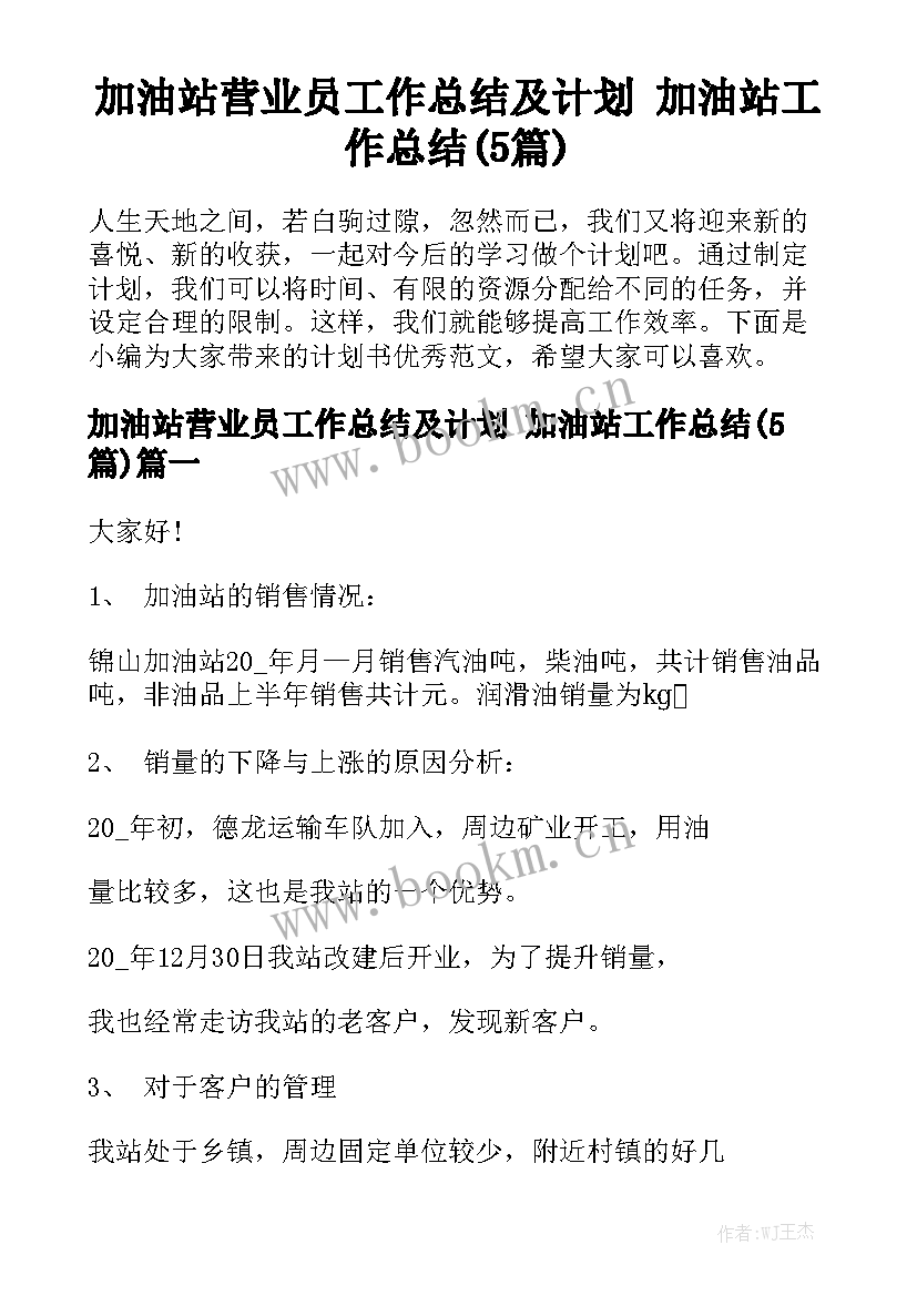 加油站营业员工作总结及计划 加油站工作总结(5篇)