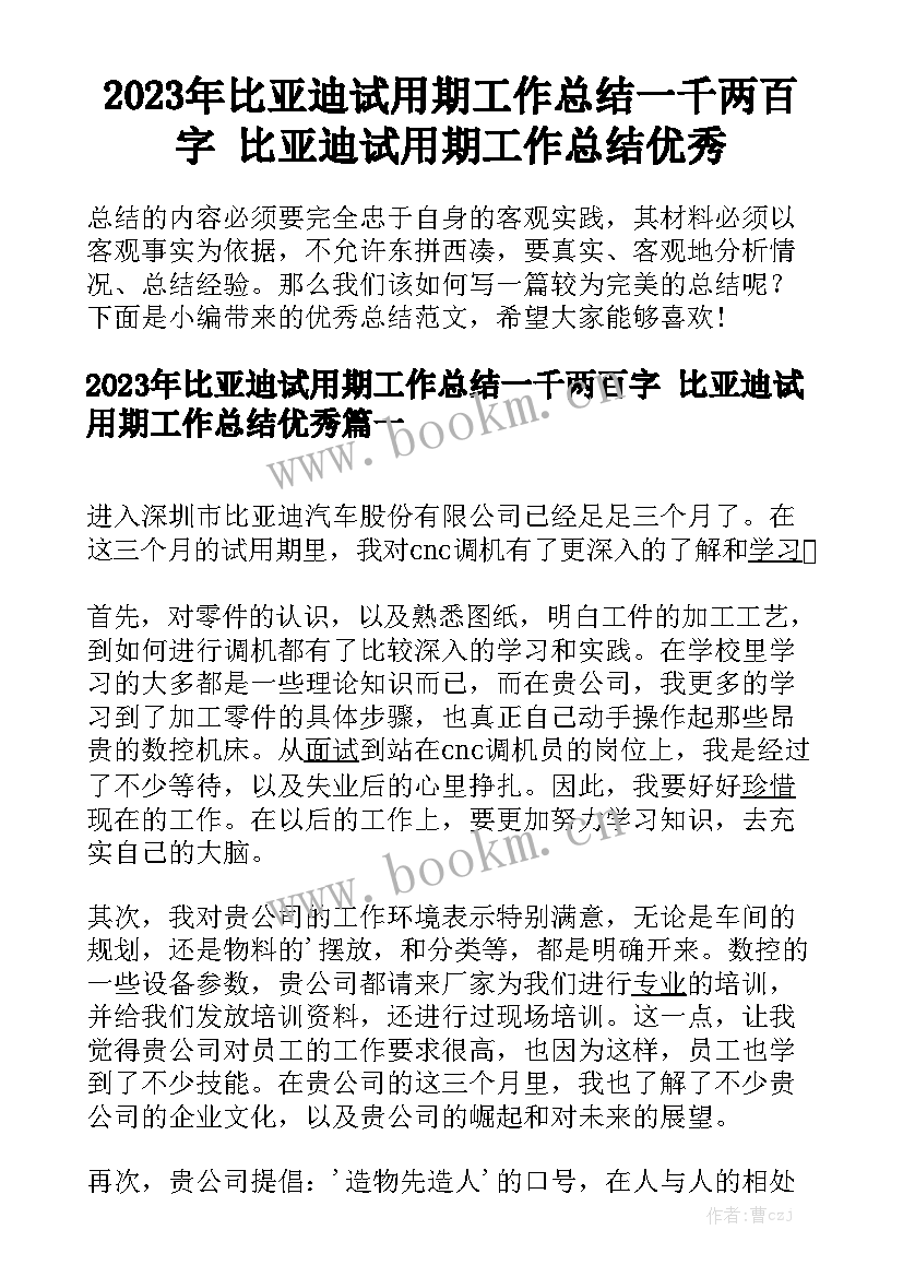 2023年比亚迪试用期工作总结一千两百字 比亚迪试用期工作总结优秀