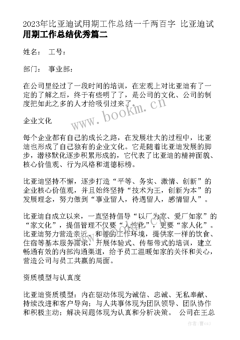 2023年比亚迪试用期工作总结一千两百字 比亚迪试用期工作总结优秀