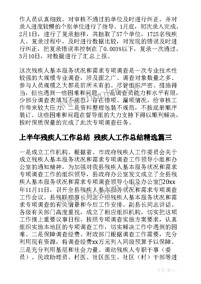 上半年残疾人工作总结 残疾人工作总结精选