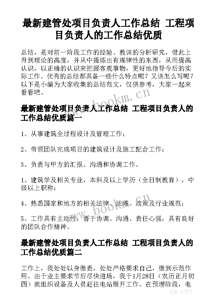 最新建管处项目负责人工作总结 工程项目负责人的工作总结优质