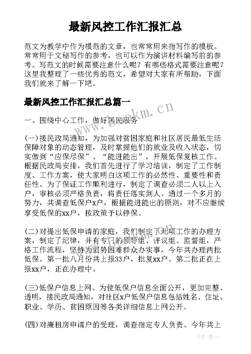 最新风控工作汇报汇总