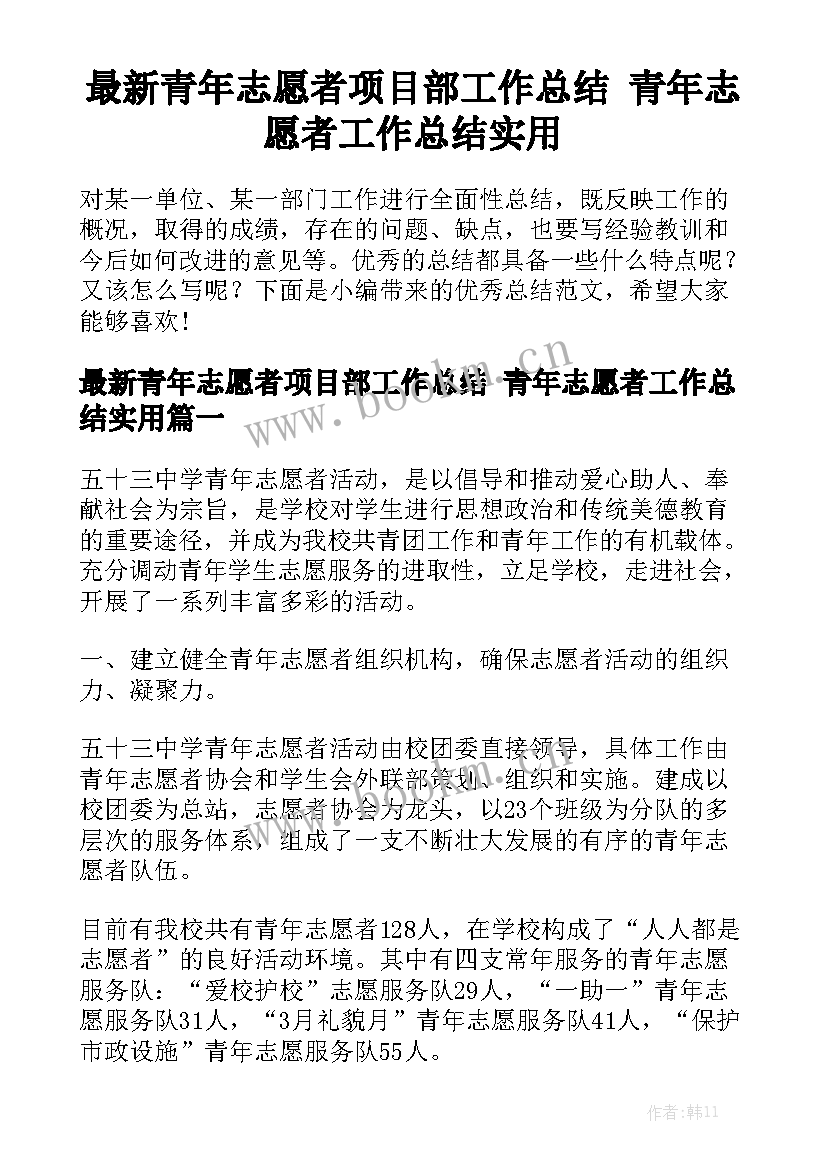 最新青年志愿者项目部工作总结 青年志愿者工作总结实用