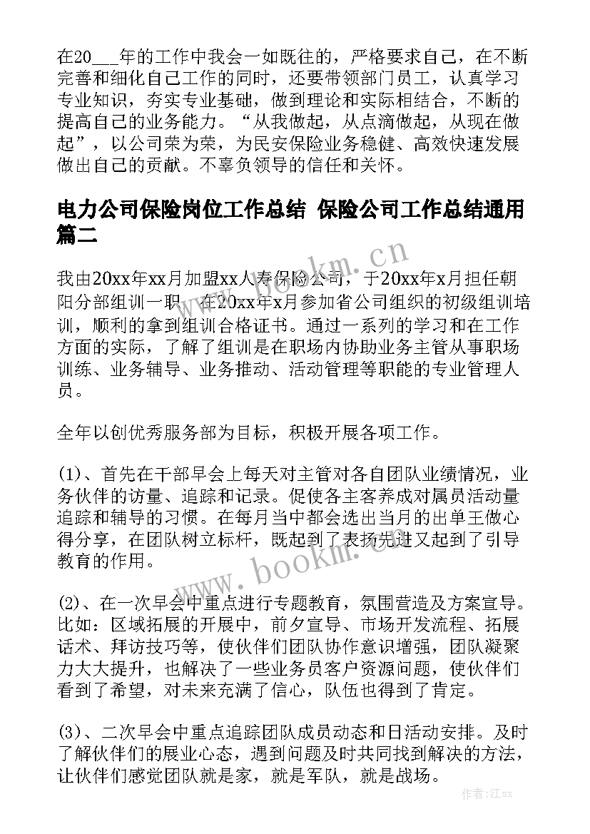 电力公司保险岗位工作总结 保险公司工作总结通用