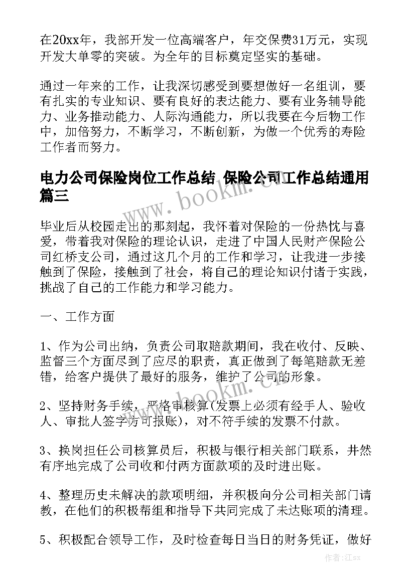 电力公司保险岗位工作总结 保险公司工作总结通用