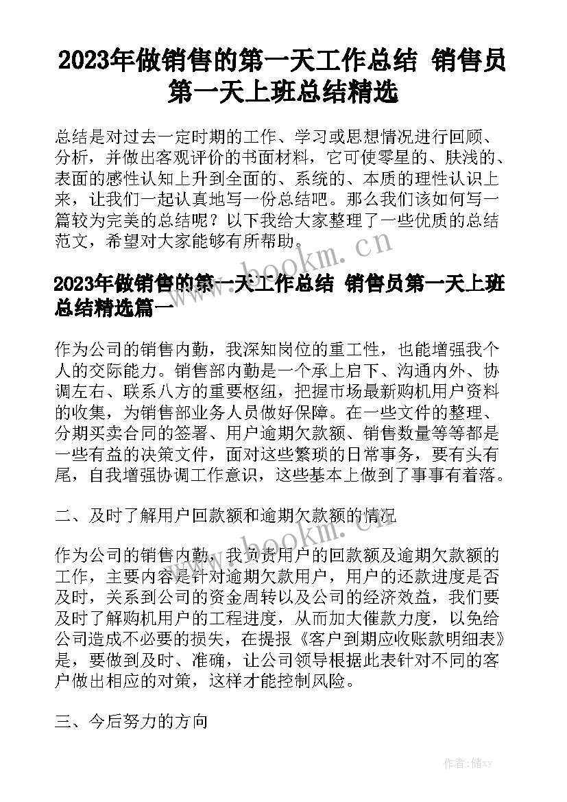 2023年做销售的第一天工作总结 销售员第一天上班总结精选