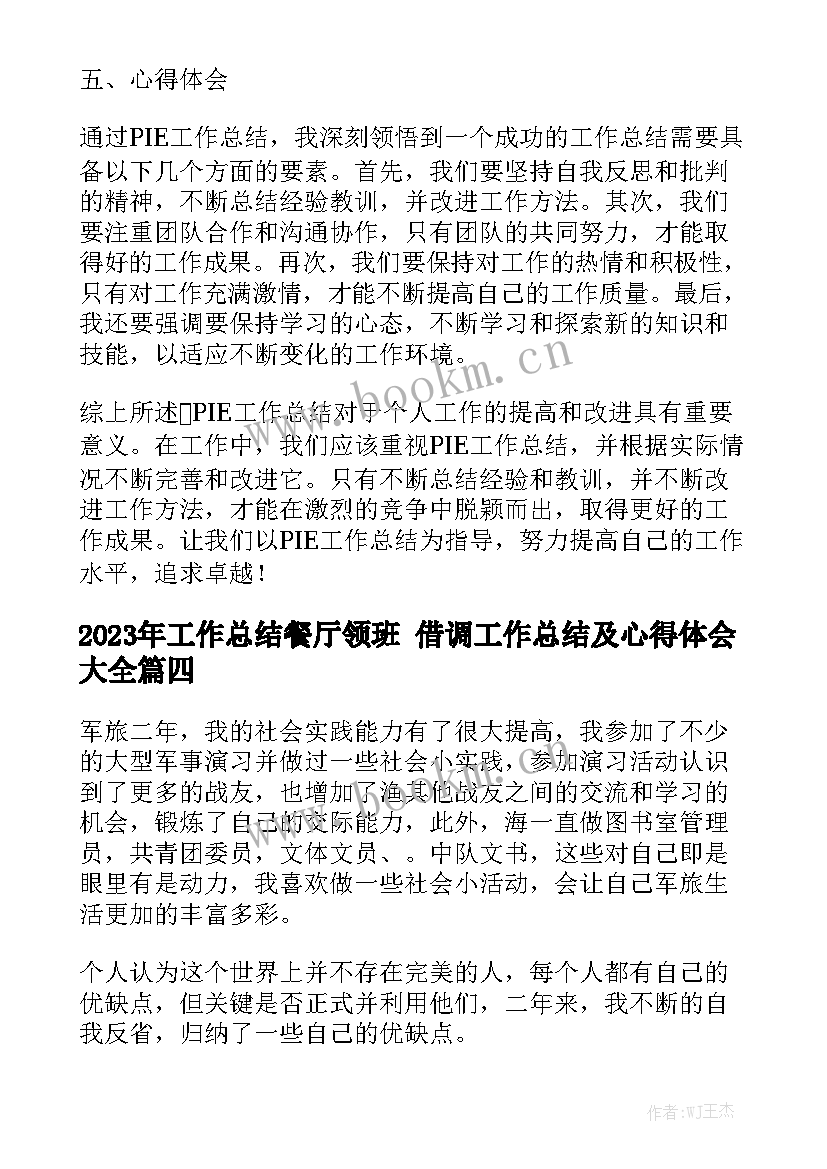 2023年工作总结餐厅领班 借调工作总结及心得体会大全